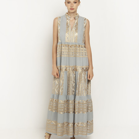 Lihgtgrey/Gold Embroidered Boho Maxi Sleeveless Dress  