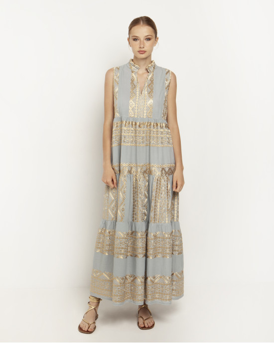 Lihgtgrey/Gold Embroidered Boho Maxi Sleeveless Dress 