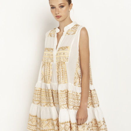  White/Gold Embroidered Boho Mini Sleeveless Dress 