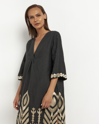  Charcoal/Gold Embroidered 3/4 Sleeves Feather Dress 