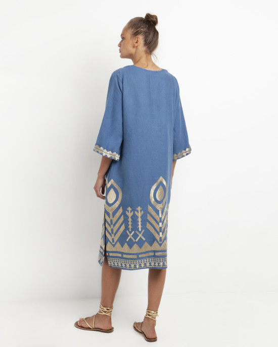  Indigo/Gold Embroidered 3/4 Sleeves Feather Dress