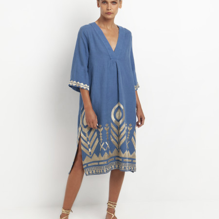  Indigo/Gold Embroidered 3/4 Sleeves Feather Dress 