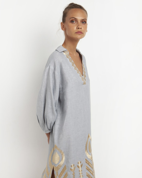  Lightgrey/Gold Embroidered Long Sleeves Feather Dress  