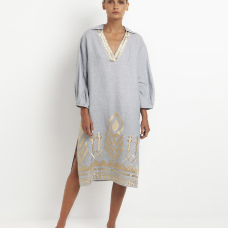  Lightgrey/Gold Embroidered Long Sleeves Feather Dress  