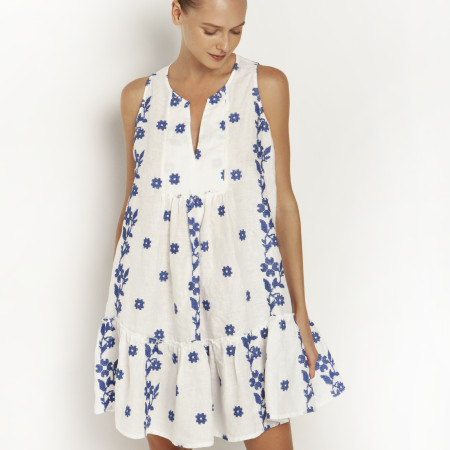 White/Blue Embroidered Mini Dress 