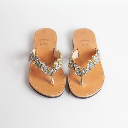Handmade leader sandals with crystals. 